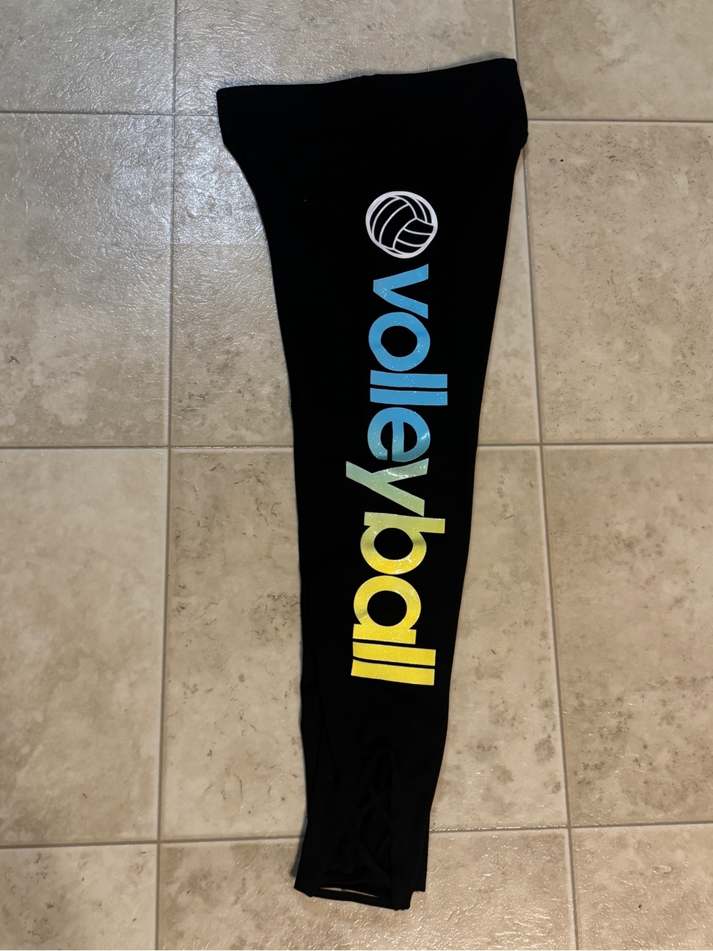 Justice Girls' Black Volleyball Leggings with Blue-to-Yellow Gradient Printings